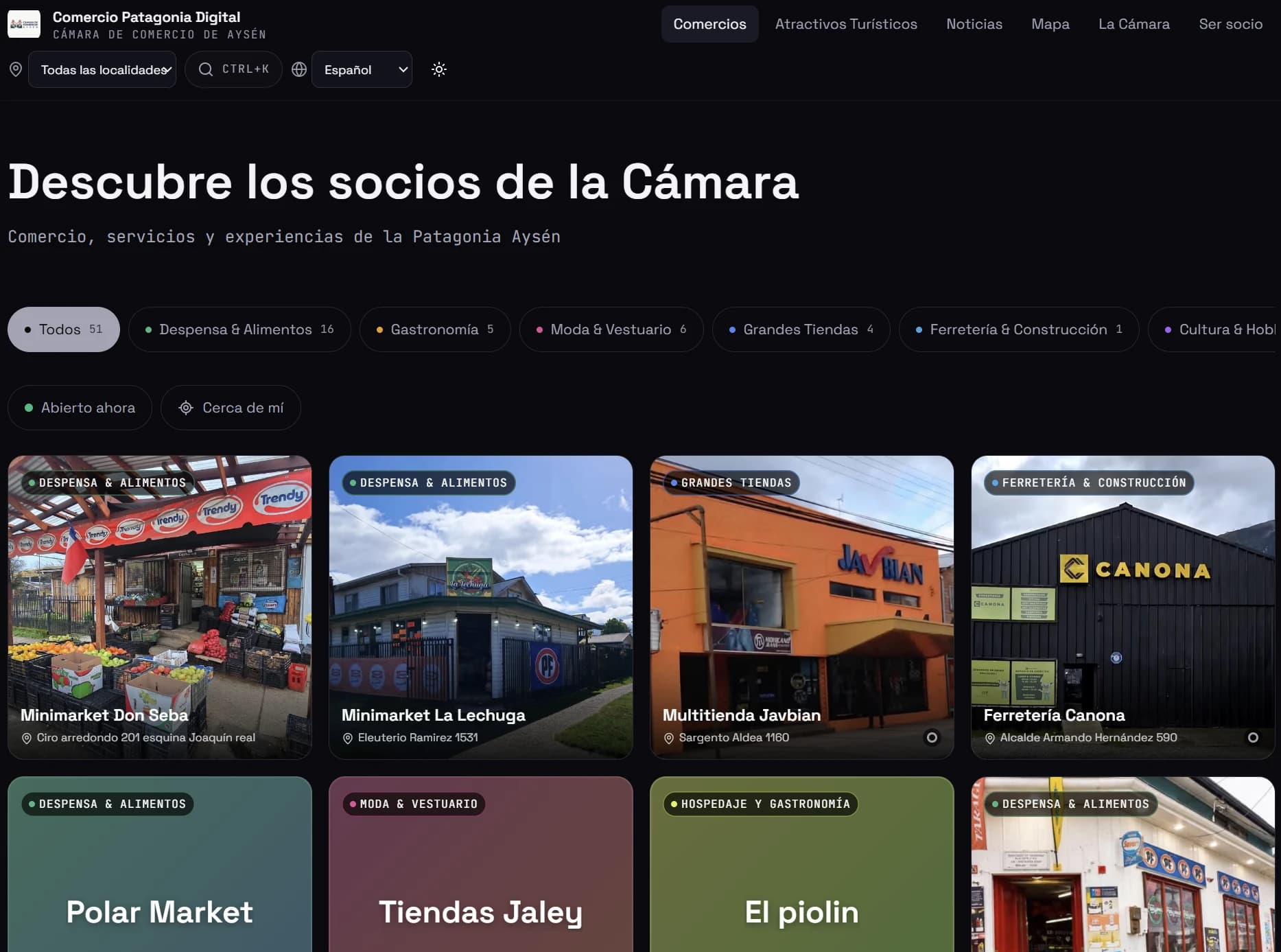 Comercio Patagonia: grilla de socios de la Cámara de Comercio de Aysén con filtros por rubro y buscador.
